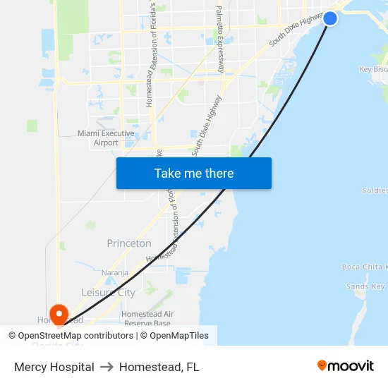 Mercy Hospital to Homestead, FL map