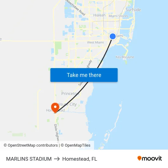 Marlins Stadium to Homestead, FL map