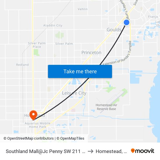 Southland Mall@Jc Penny SW 211 St to Homestead, FL map