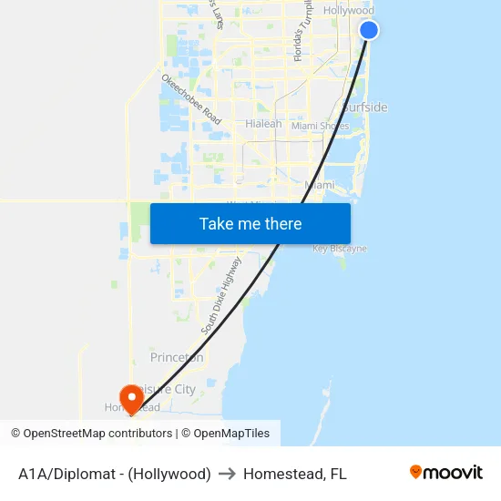 A1A/Diplomat - (Hollywood) to Homestead, FL map