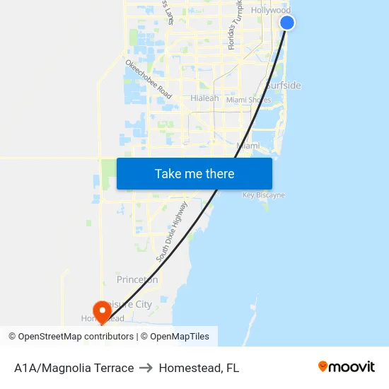 A1A/Magnolia Terrace to Homestead, FL map
