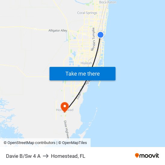 Davie B/Sw 4 A to Homestead, FL map