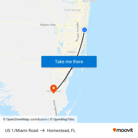 US 1/Miami Road to Homestead, FL map