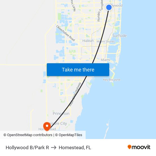 Hollywood B/Park R to Homestead, FL map
