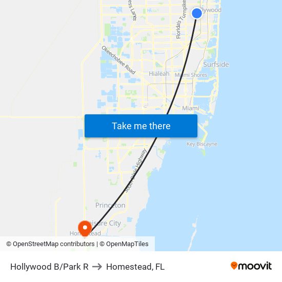 HOLLYWOOD B/PARK R to Homestead, FL map