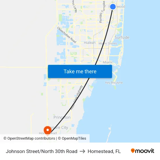 Johnson Street/North 30th Road to Homestead, FL map