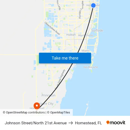 Johnson Street/North 21st Avenue to Homestead, FL map