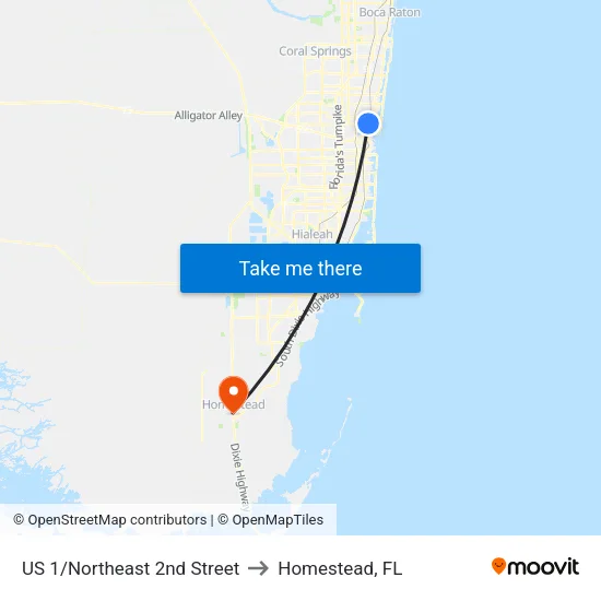 US 1/Northeast 2nd Street to Homestead, FL map