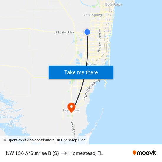 NW 136 A/Sunrise B (S) to Homestead, FL map