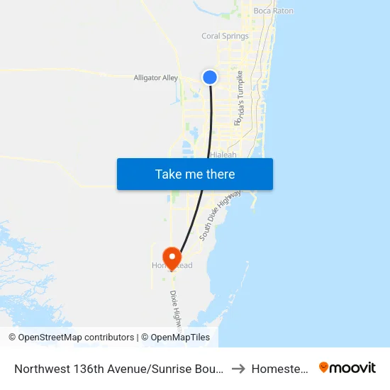 Northwest 136th Avenue/Sunrise Boulevard (South) to Homestead, FL map