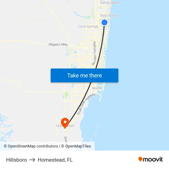 Hillsboro to Homestead, FL map