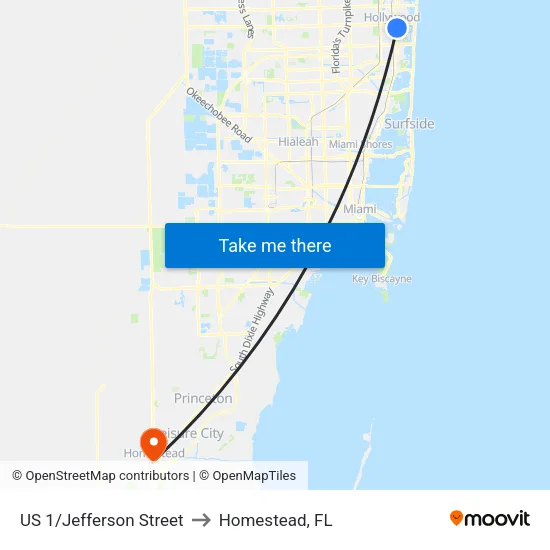 US 1/Jefferson Street to Homestead, FL map