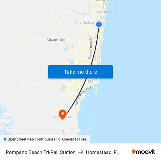 Pompano Beach Tri-Rail Station to Homestead, FL map
