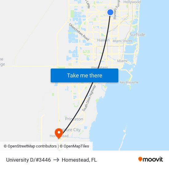 University D/#3446 to Homestead, FL map