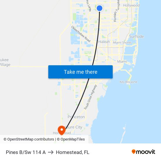 Pines B/Sw 114 A to Homestead, FL map