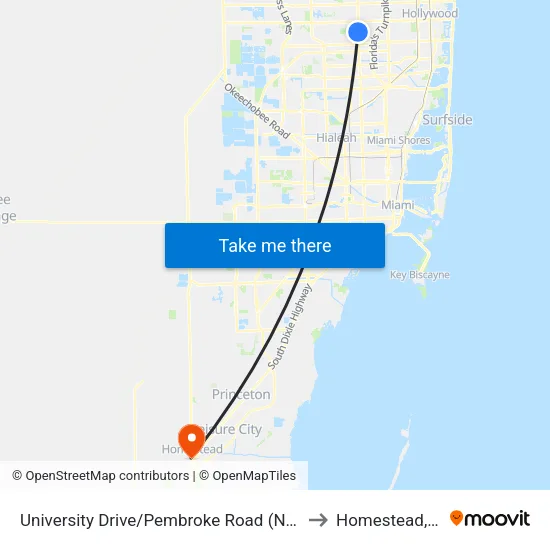 University Drive/Pembroke Road (North) to Homestead, FL map
