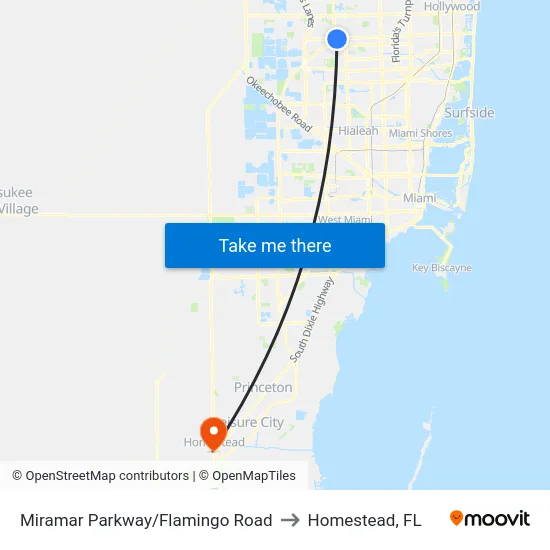 Miramar Parkway/Flamingo Road to Homestead, FL map