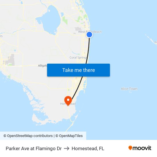 Parker Ave at Flamingo Dr to Homestead, FL map