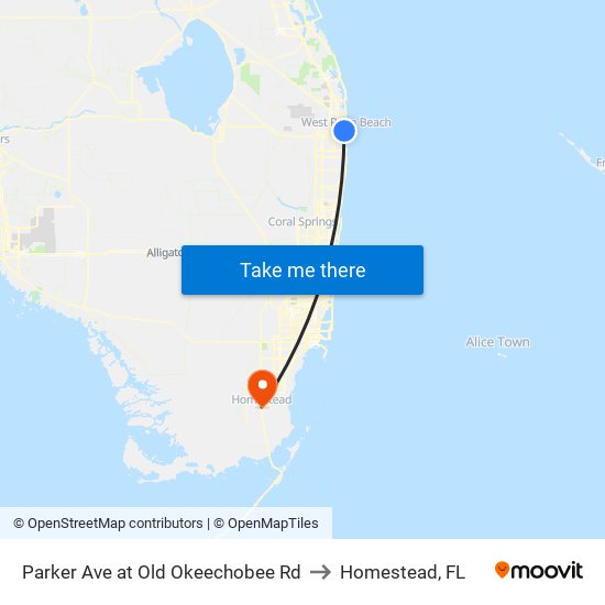 Parker Ave at Old Okeechobee Rd to Homestead, FL map