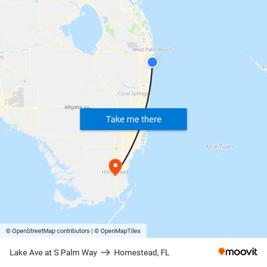 Lake Ave at S Palm Way to Homestead, FL map