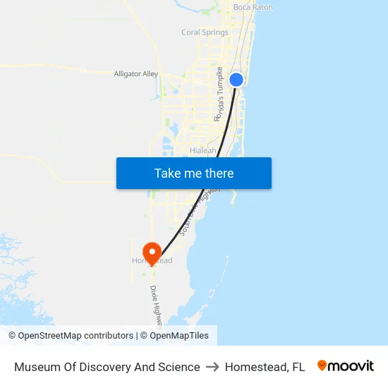 Museum Of Discovery And Science to Homestead, FL map
