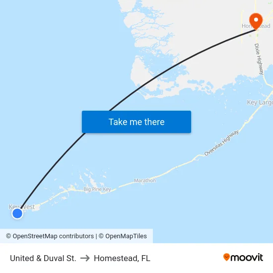 United & Duval St. to Homestead, FL map