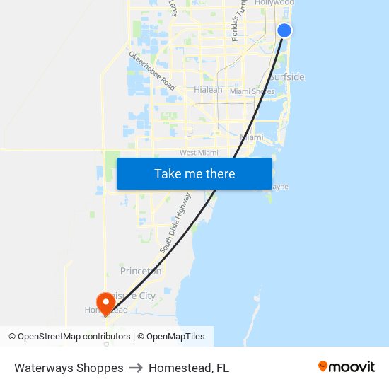 Waterways Shoppes to Homestead, FL map