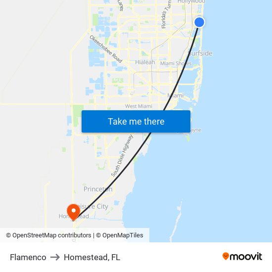 Flamenco to Homestead, FL map