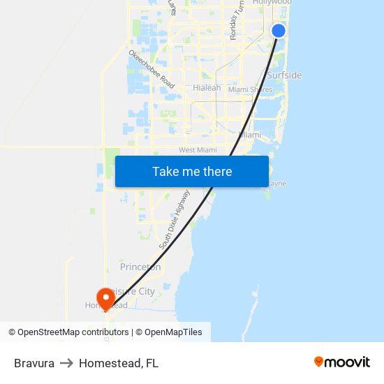 Bravura to Homestead, FL map