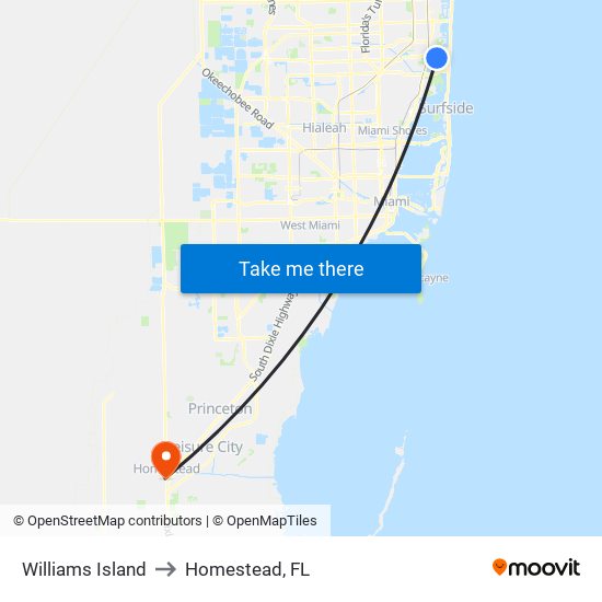 Williams Island to Homestead, FL map