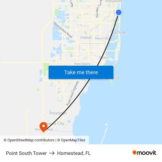 Point South Tower to Homestead, FL map