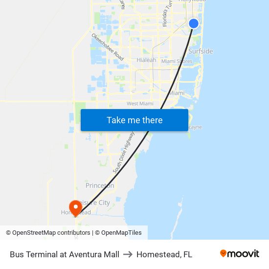 Bus Terminal at Aventura Mall to Homestead, FL map