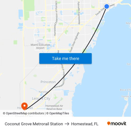 Coconut Grove Metrorail Station to Homestead, FL map