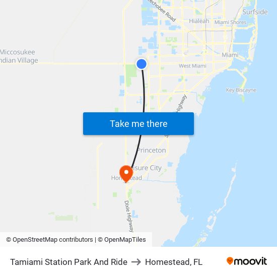 Tamiami Station Park And Ride to Homestead, FL map