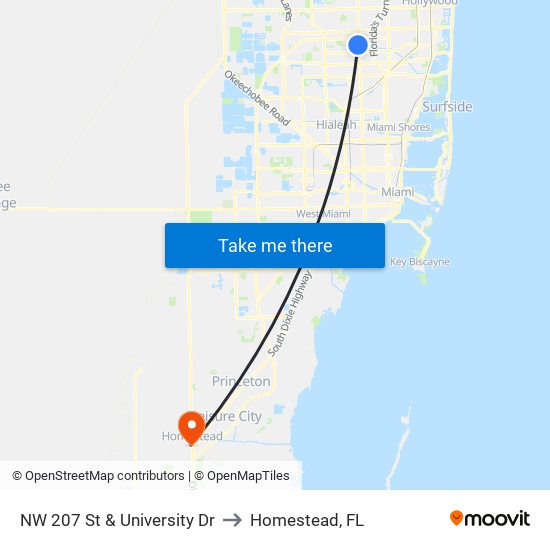 NW 207 St & University Dr to Homestead, FL map