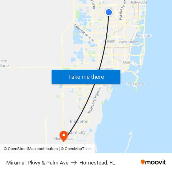Miramar Pkwy & Palm Ave to Homestead, FL map
