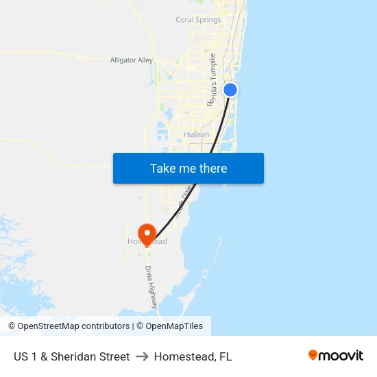 US 1 & Sheridan Street to Homestead, FL map