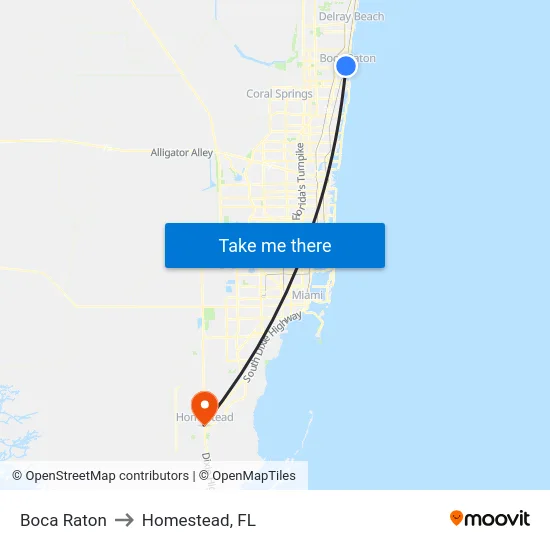 Boca Raton to Homestead, FL map