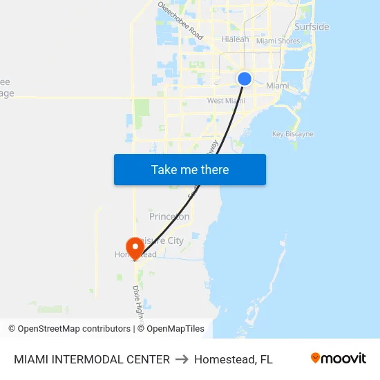 Miami Intermodal Center to Homestead, FL map