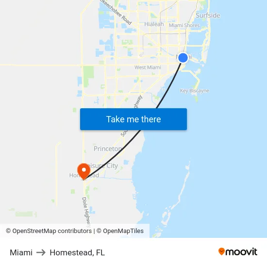 Miami to Homestead, FL map
