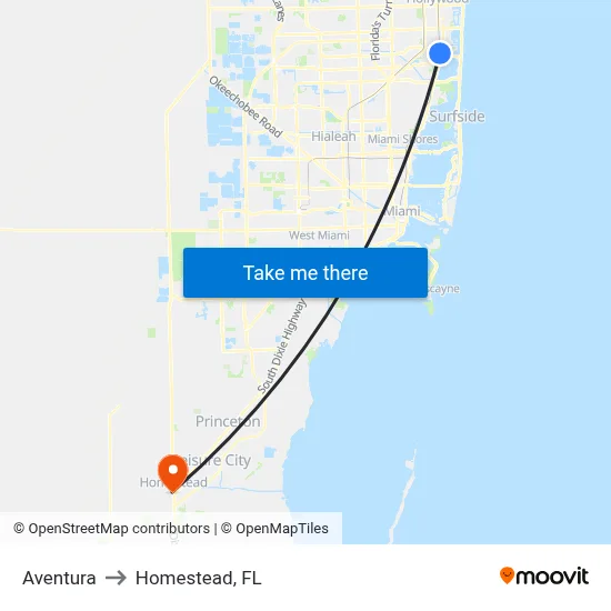 Aventura to Homestead, FL map