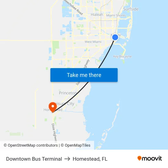 Downtown Bus Terminal to Homestead, FL map