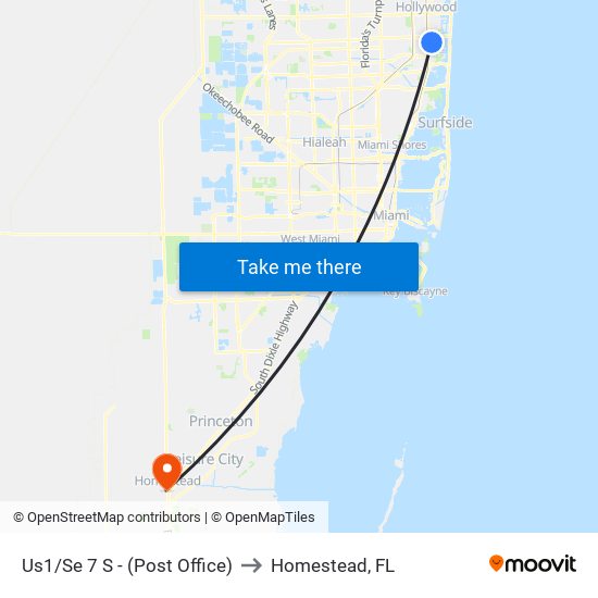 Us1/Se 7 S - (Post Office) to Homestead, FL map