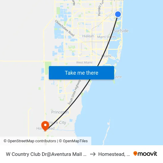 W Country Club Dr@Aventura Mall Ent to Homestead, FL map