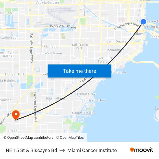 NE 15 St & Biscayne Bd to Miami Cancer Institute map
