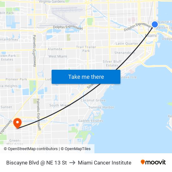 Biscayne Blvd @ NE 13 St to Miami Cancer Institute map