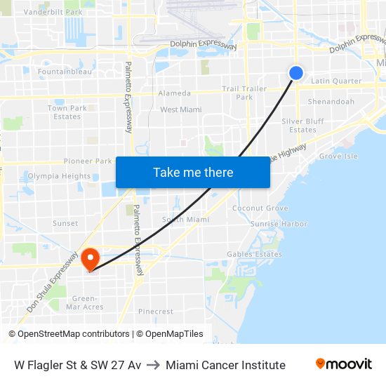 W Flagler St & SW 27 Av to Miami Cancer Institute map
