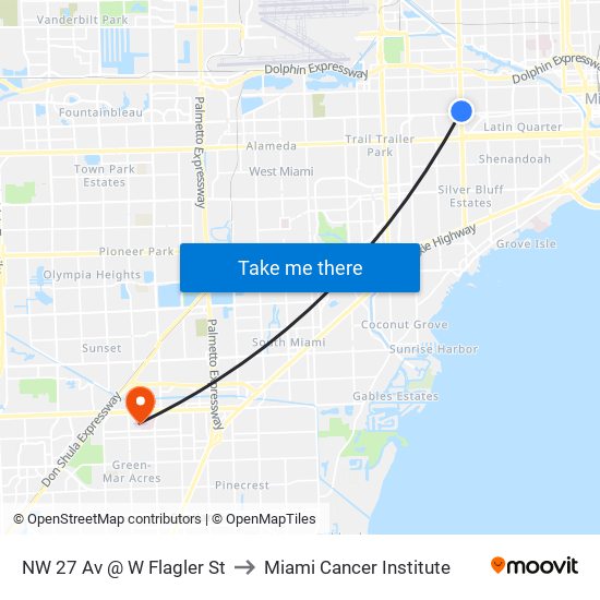 NW 27 Av @ W Flagler St to Miami Cancer Institute map