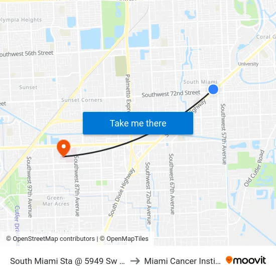 South Miami Sta @ 5949 Sw 72 St to Miami Cancer Institute map