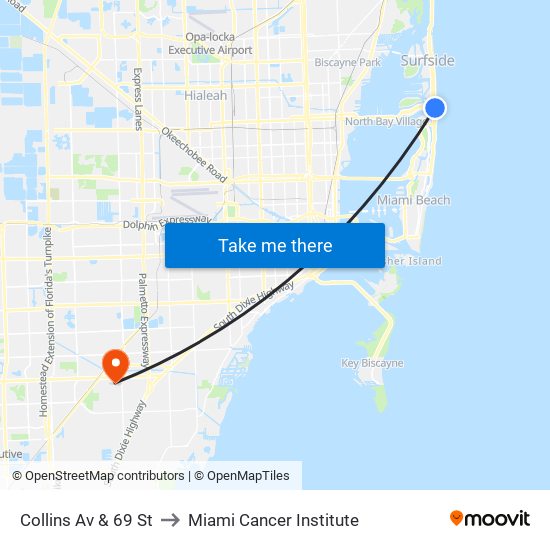 Collins Av & 69 St to Miami Cancer Institute map